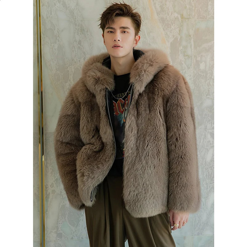Fur coat mens fox fur short jacket autumn/winter warm wool coat mens leather hooded casual jacket 240913