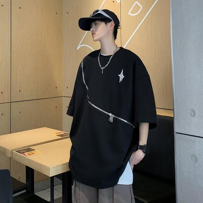 American high street dark niche design zipper designer T-shirt men's ins fashion brand handsome loose half-sleeve shirt