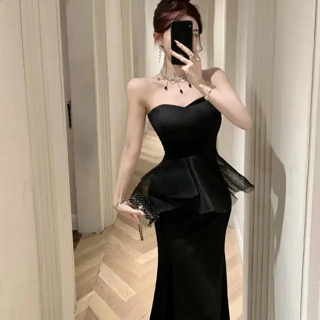 Strapless mesh splicing n with a slit style evening gown feel highend birthday party temperature dress 240913