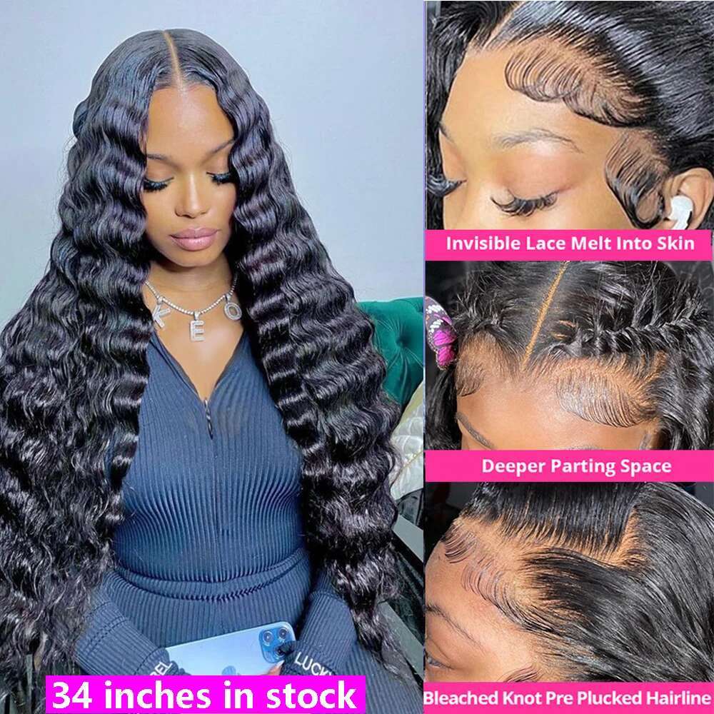 PICKU Loose Deep Wave HD Transparent 13X6 Lace Front Human Hair 34Inch Water Curly Brazilian Remy 13X4 Frontal Wig For Women
