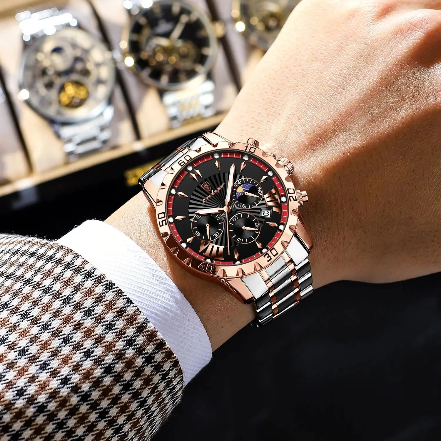 POEDAGAR High Quality Watch for Man Waterproof Luminous Chronograph Date Men Stainless Steel Quartz Mens Watches 240906