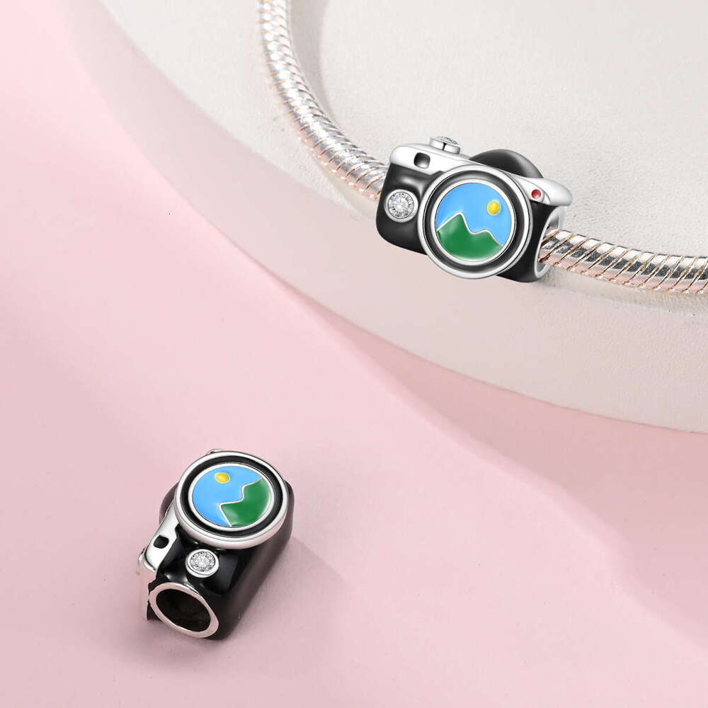 New 925 Sterling Silver Charm Rotating bicycle pendant Color Diamond Camera Beads Fit Charms Silver 925 Original Bracelet DIY Jewelry Making For women