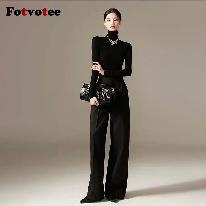 FOTVOTEE Womens High Waist Pants Black Folded Fashion Casual Solid Wide Leg Straight 240914