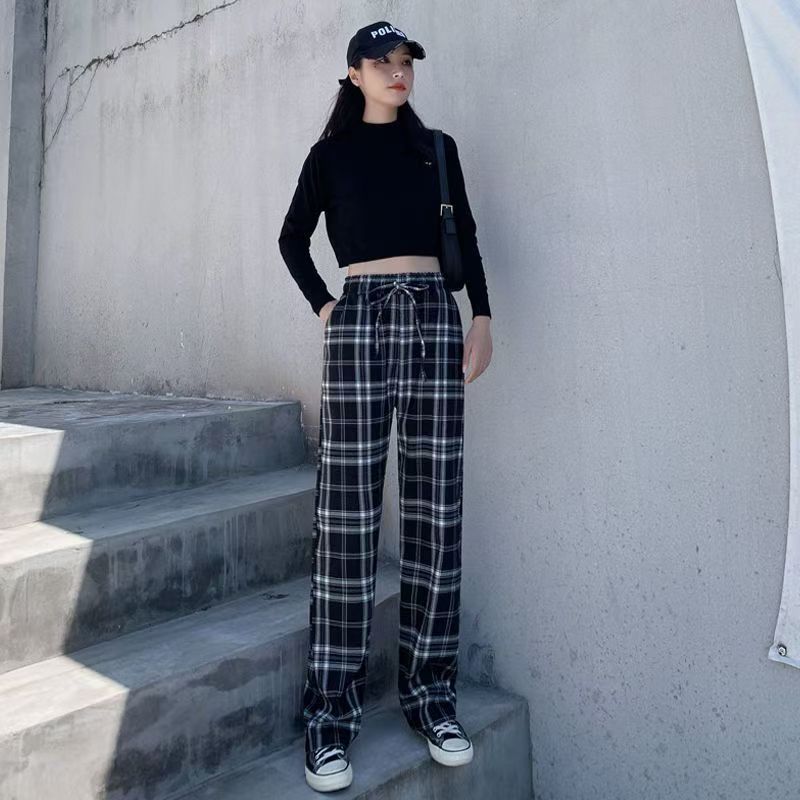 Black Plaid Pants Women's Summer Thin High Waist Wide Leg Casual Pants Loose Plaid Pants Straight Mopping Pants