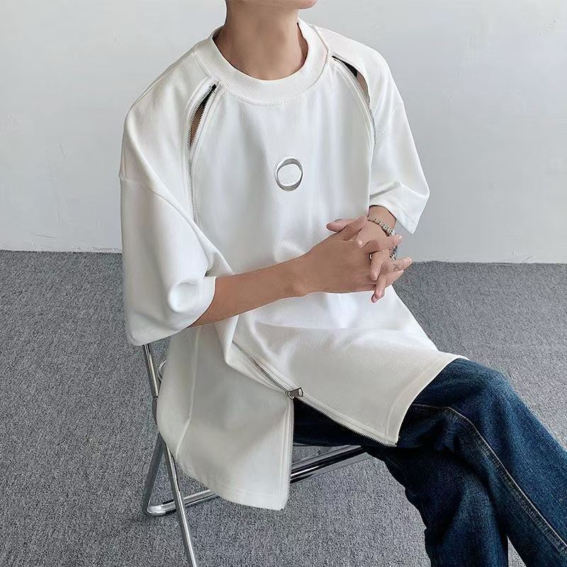 American retro heavy designer T-shirt men's summer niche design sense double zipper shoulder pad T-shirt with five sleeves