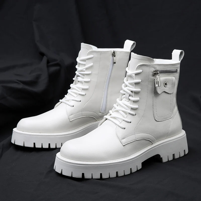 High Quality Men White Boots 2024 Fashion Zip n Mens Leather Boot Antislip Laceup Man Platform