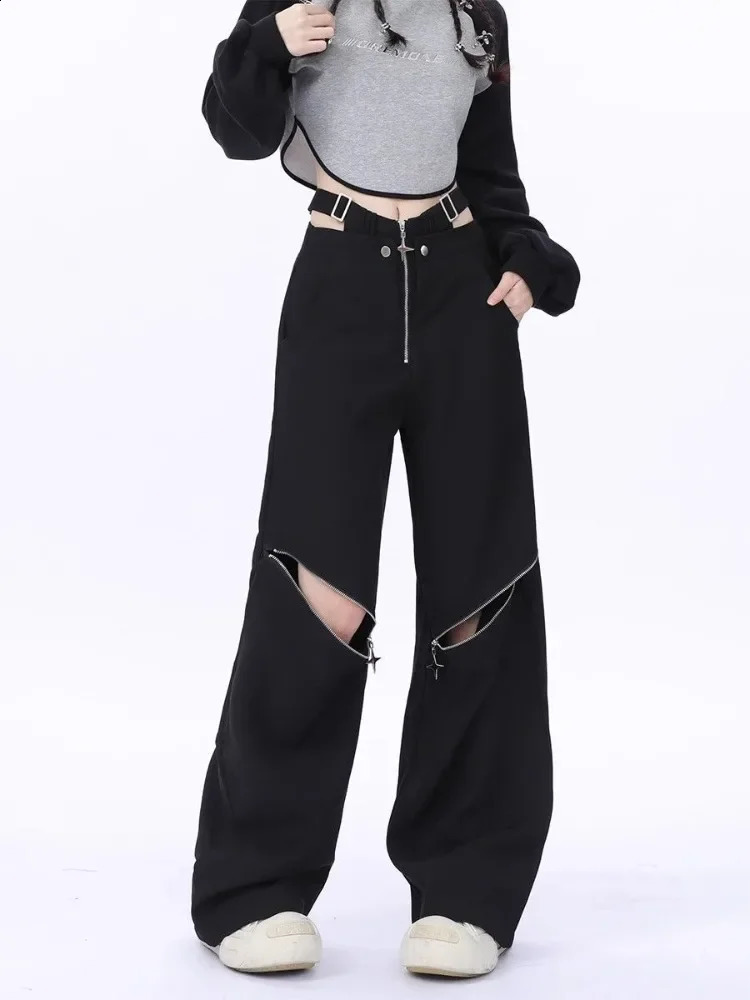HOUZHOU Y2K Black Cargo Pants Women Baggy Punk Style Zipper Trouser Hip Hop Gyaru Streetwear High Waist Pant Techwear Hollow Out 240906