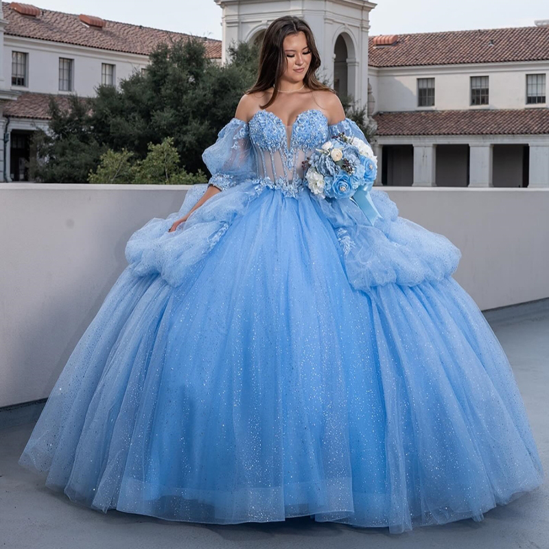 Sparkly Princess Off Shoulder Quinceanera Dresses Lace Beads Bow Tull Sweet 16 Ball Gown Vestidos De 15 Anos