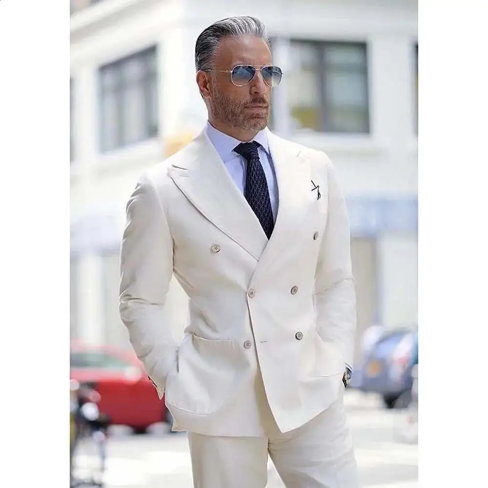 Chic White Linen Suits for Men Fashion Lapel Double Breasted Male Set Smart Casual Wedding 2 Pieces Costume Homme 240914