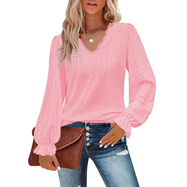 2024 new women's V-neck T-shirt autumn hollow out casual pleated sleeve top shirt