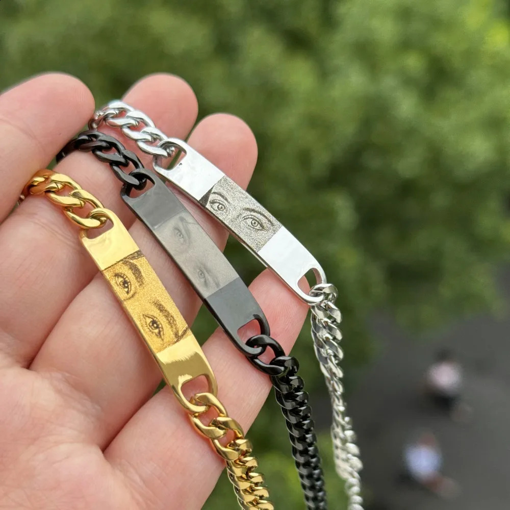 DUOYING Custom Eyes Po Bracelet Customized Engravable Picture Couple Bracelet Stainless Steel Cuban Chain Jewelry Gifts 240914