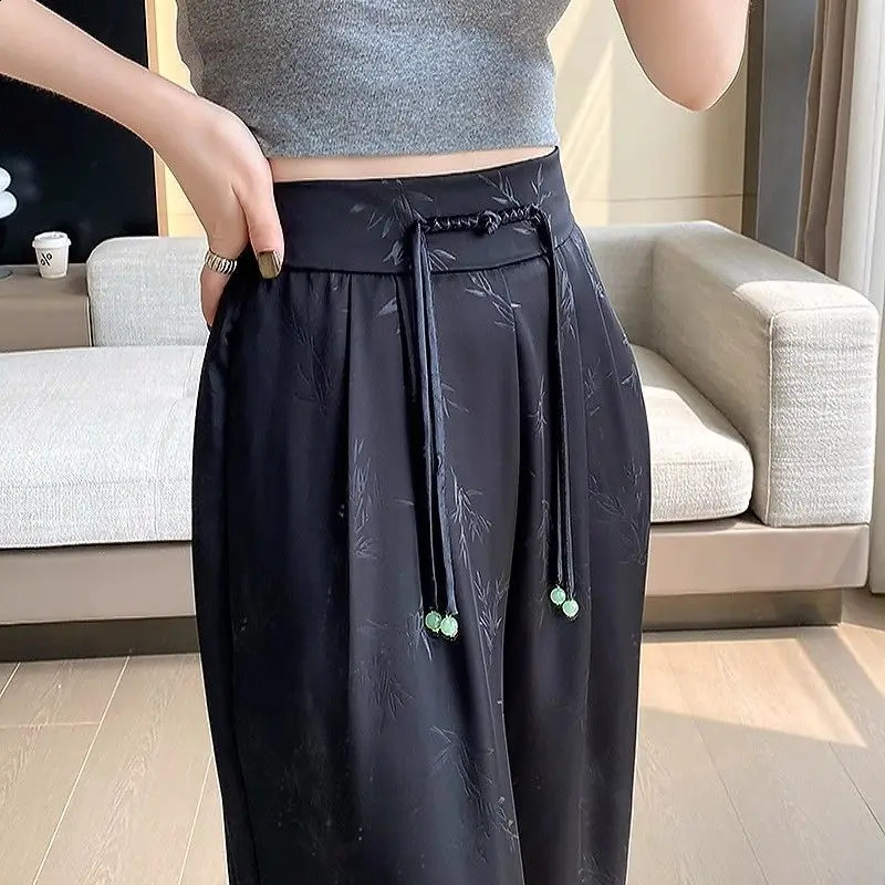 Womens Autumn Elegant Chinese Style Solid Color High Waist Appearance Thin Wide Legs Fashion Full Match Trend Satin Casual Pants 240914
