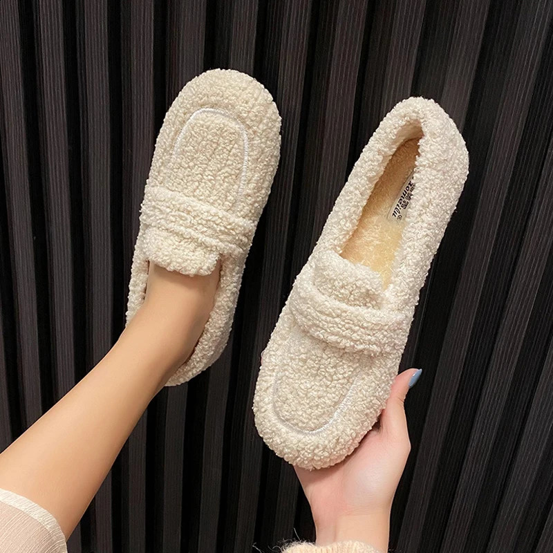 Womens Lambswool Loafers Moccasins Womens Winter Cotton Shoes Womens Warm Plush Slide Curly Sheepskin Apartment 240914