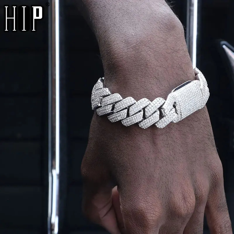 Hip Hop 19MM 3 Row Heavy Cuban Prong Chain Bling Iced Out Box Buckle Copper Setting Cubic Zirconia Bracelet For Men Jewelry 240910