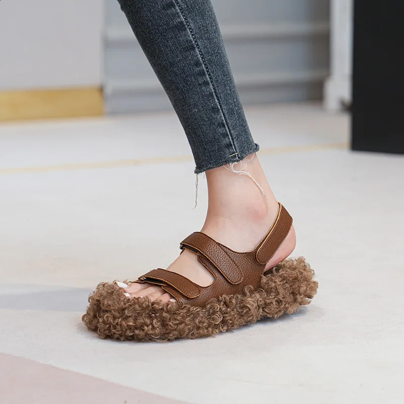 Double belt curly fur sandals womens flat foot pads winter shoes sheepskin sandals 240914