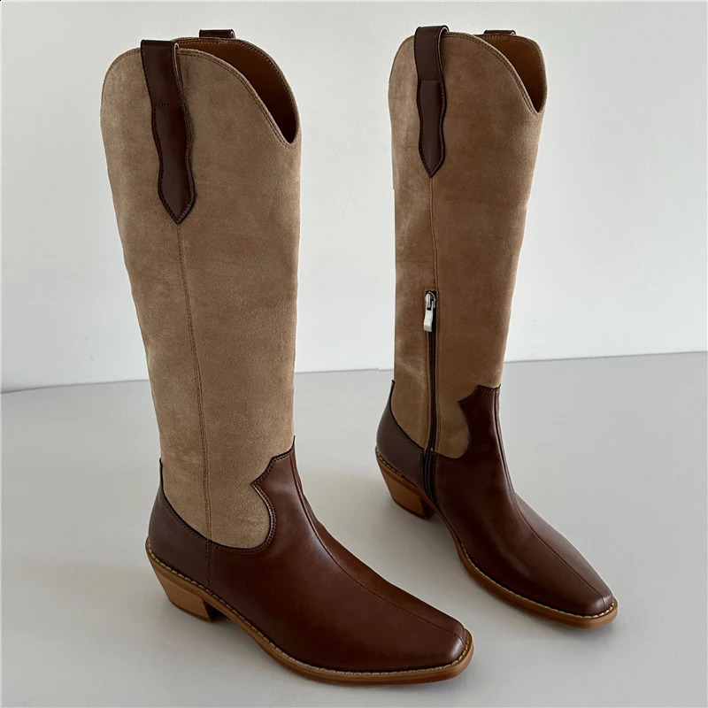 Fashionable short and chubby heel square sole western cowboy boots womens mixed color leather knight boots strapless high heels casual 240914