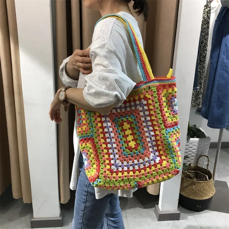 Womens handbags yarn crochet hand woven bags shoulder womens 240913