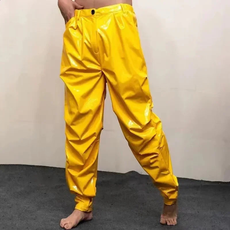 Mens mid waist shiny synthetic latex leather loose hip-hop pants with pockets mens solid color elastic PVC Trouser club uniform ly customized 240913
