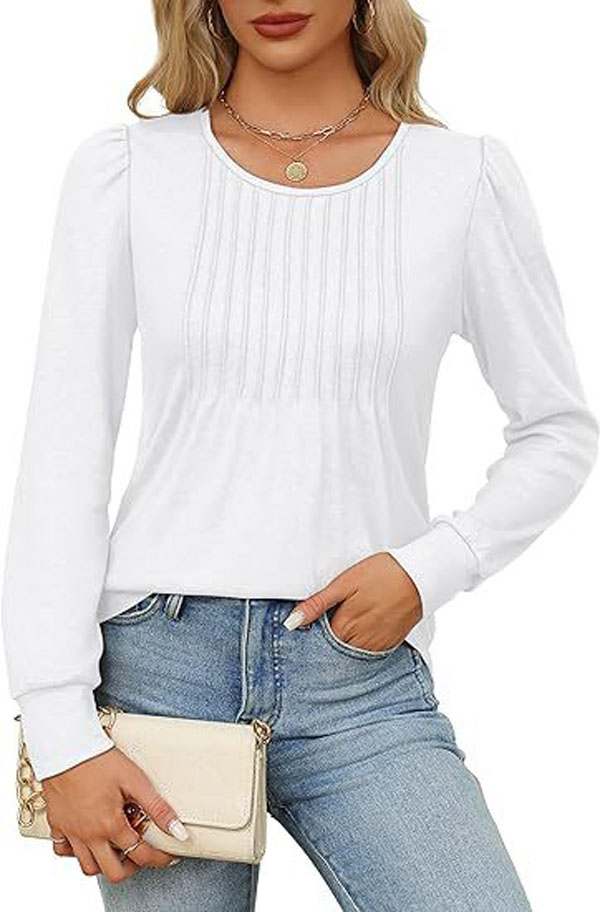 2024 Autumn New Women's Long Sleeve Top Shirt Fashion Casual Wrinkle Low Round Neck T-shirt