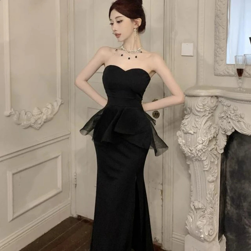 Strapless mesh splicing n with a slit style evening gown feel highend birthday party temperature dress 240913