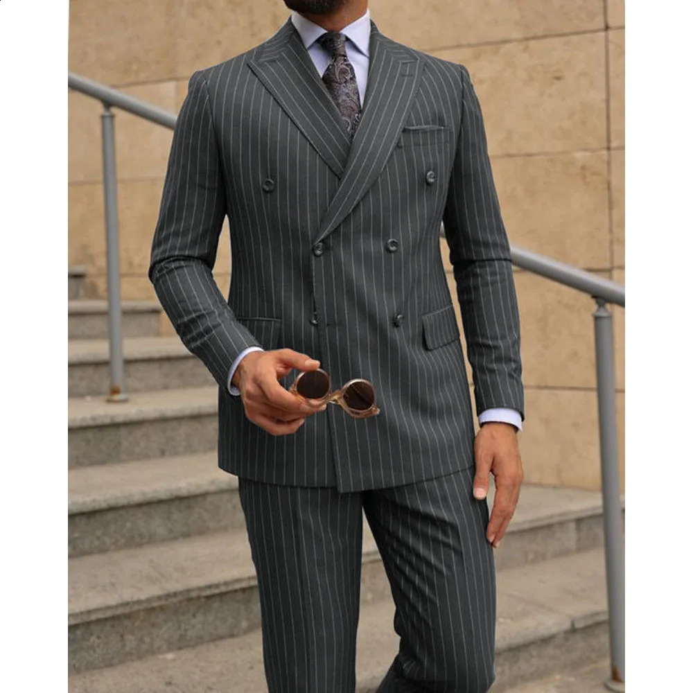 Mens Set of Twopiece Striped Double Breasted Dress Suit Elegant Man Gentleman Clothes Male Suits Formal Wedding Clothing 240914