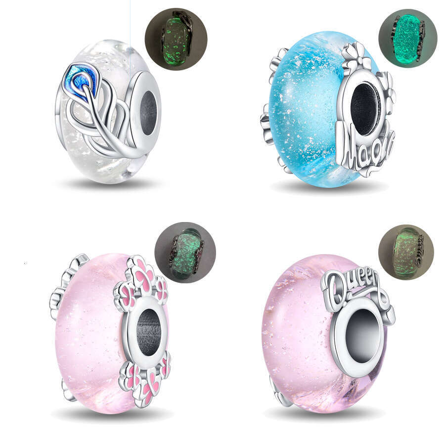 Spring New 925 Sterling Silver Charm pink blue Luminous glass beads Fit Charms Silver 925 Original Bracelet DIY Jewelry Making For women Gifts