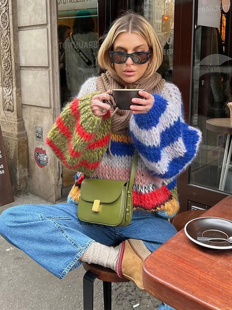 Elegant O-neck long puff sleeve knitted floral womens fashionable colorful striped oversized sweater 2024 fashionable womens coat 240914