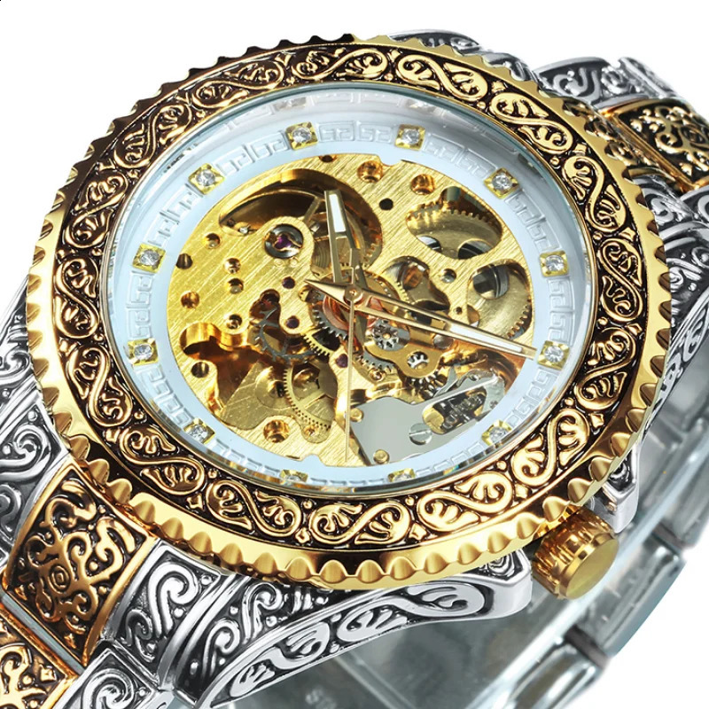 T-Winner Watch Men Fashion Vintage Carved Watches Gold Skeleton Automatic Mechanical Wristwatches Men Reloj Hombre 240906