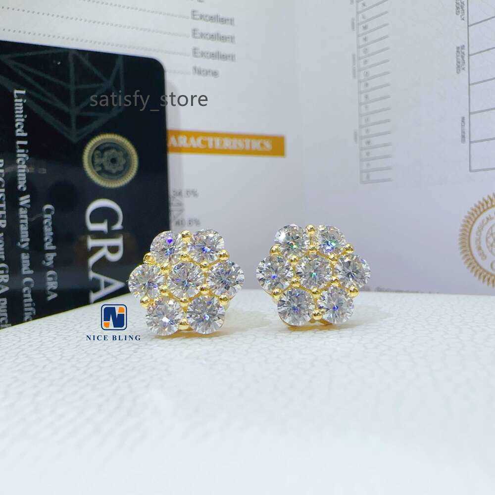 Cluster Flower Design Diamond Earrings Men Hiphop Sterling Sier Moissanite Ear Stud For Women