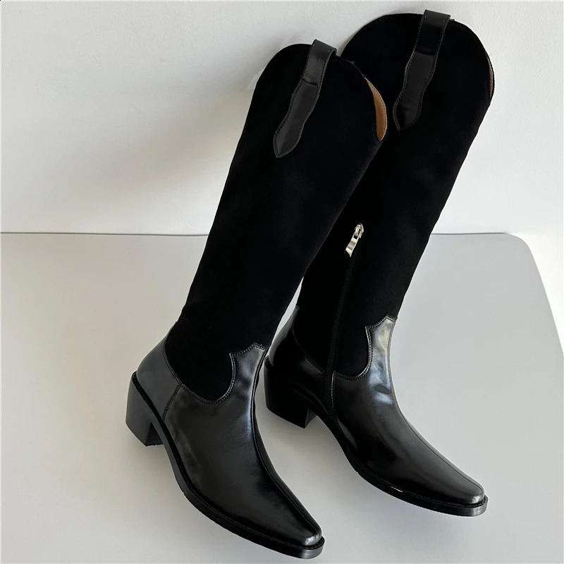 Fashionable short and chubby heel square sole western cowboy boots womens mixed color leather knight boots strapless high heels casual 240914