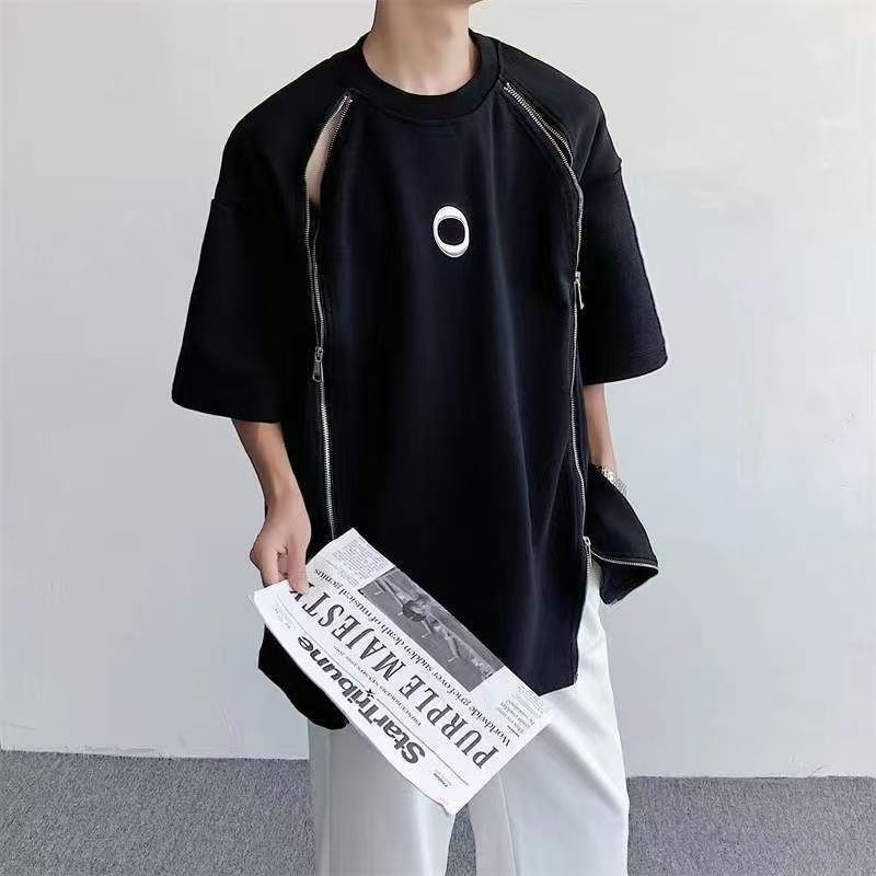 American retro heavy designer T-shirt men's summer niche design sense double zipper shoulder pad T-shirt with five sleeves