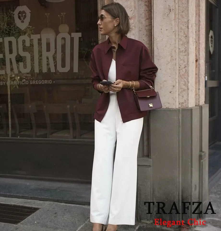 TRAFZAWomen Vintage Loose Zipper Jacket Lapel Burgundy Color 2024 Autumn Fashion Versatile Street Outwear 240907