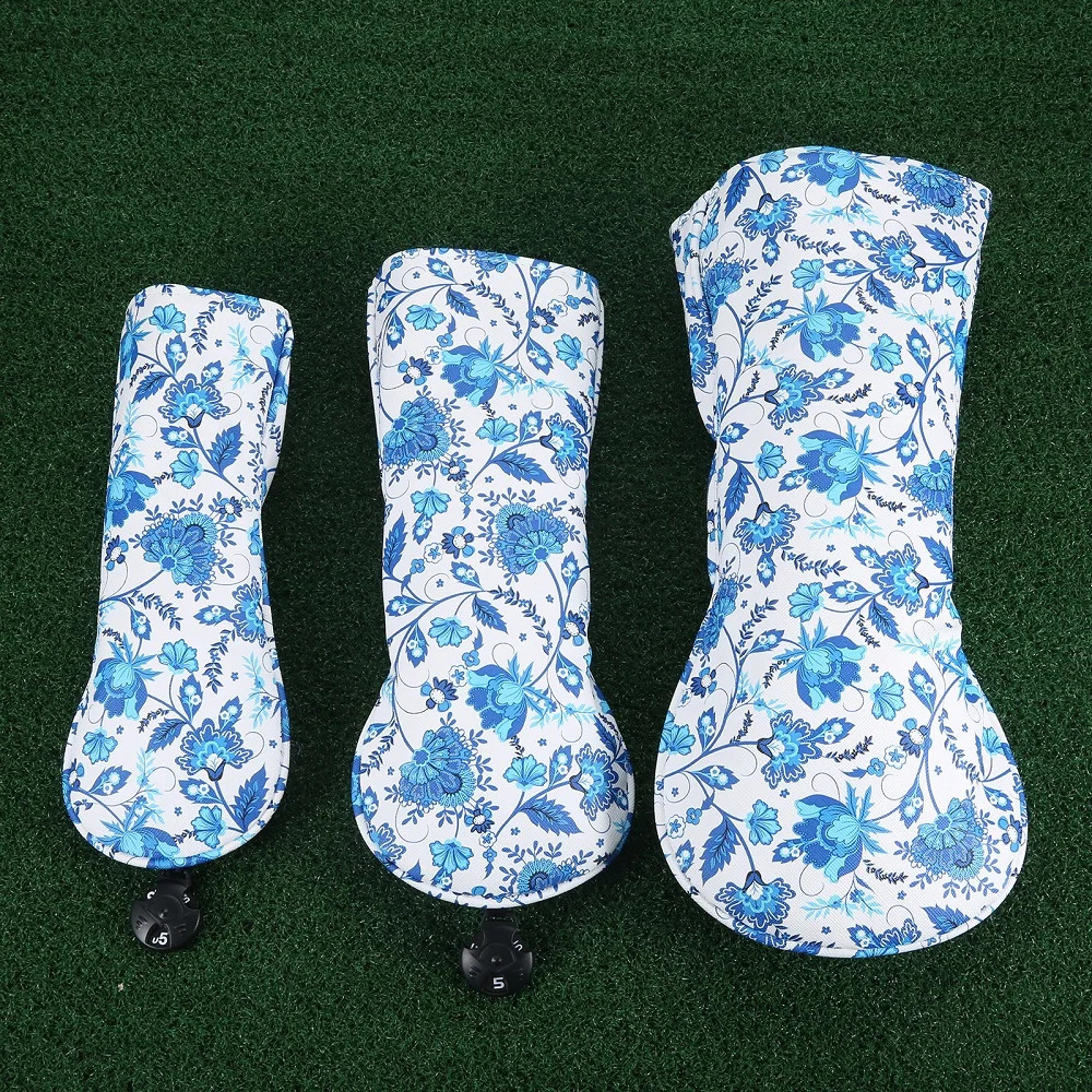 1/3Pcs PU Leather Golf Blue Cherry Blossoms Pattern Headcover Fit Driver Head Covers Fairway Wood Head Covers Hybrid Head Covers 240907