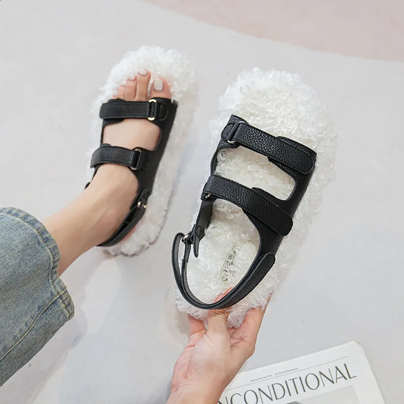 Double belt curly fur sandals womens flat foot pads winter shoes sheepskin sandals 240914
