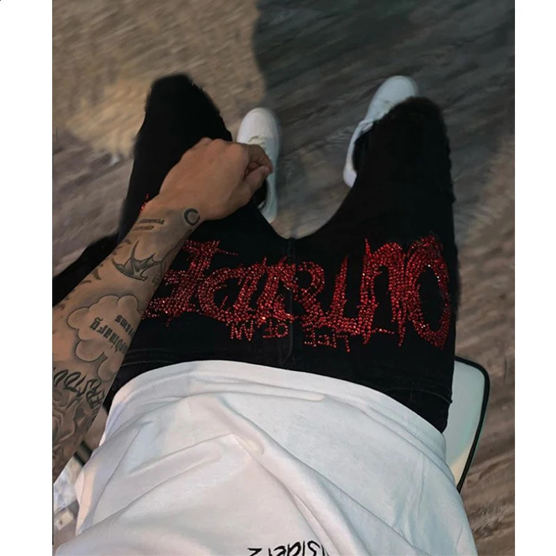 Men Trend Black Ripped Jeans Fashion Street Hole Trousers Cozy Skinny Rhinestone Stretch Soft Washed Denim Pants 240914