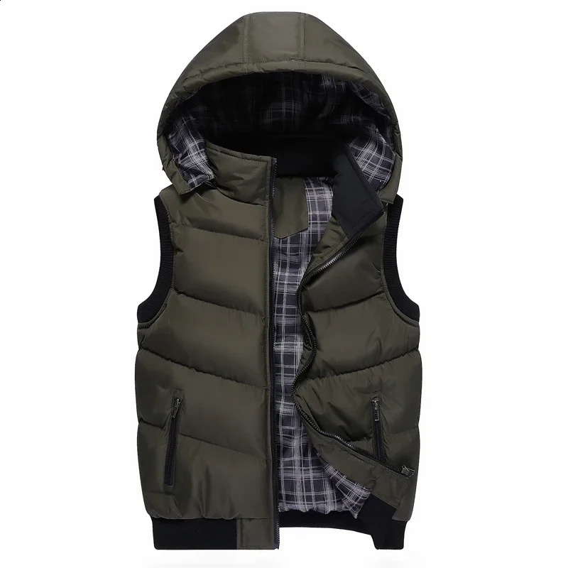 Spring Autumn Mens Fashion Zipper Hooded Warm Vest Casual Sports Stand Collar Sleeveless Jacket Men Winter Down Vest 240912