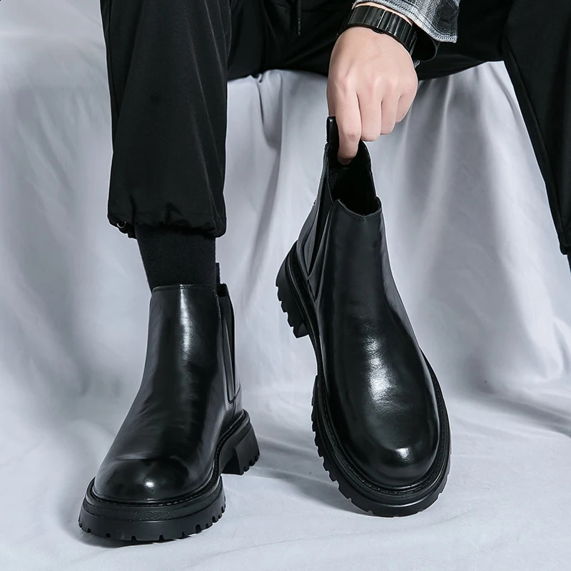 Men Platform Short Chelsea Boot British Style Microfiber Leather Autumn Winter Classic Men Brownblack Thick Soled Chelsea Boots 240914