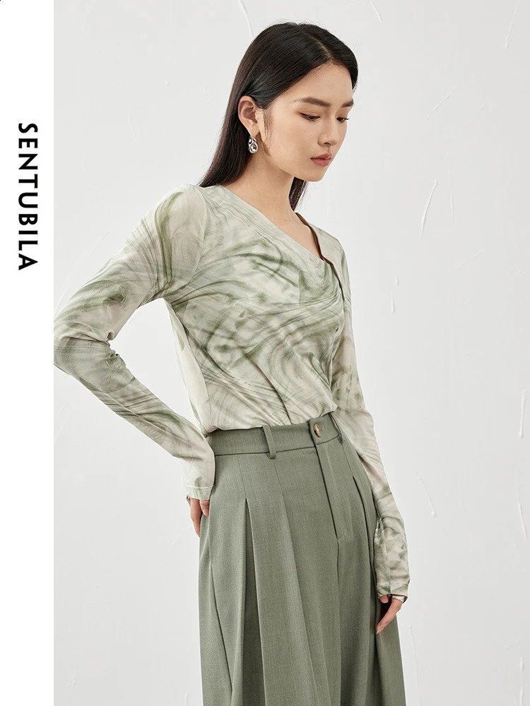 SENTUBILA Womens Soft Mesh Tshirt Fashion Tie Dye Asymmetric Skeleton Collar High Tension Pulling Long Sleeve Top 141T53407 240913