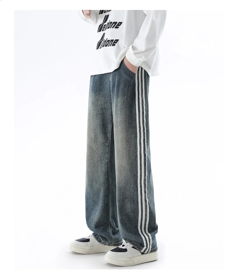 American retro washed striped jeans mens loose zipper pants stretch waist tie 240903
