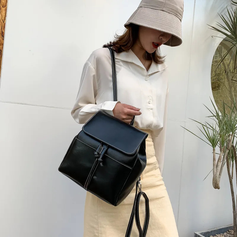 PU backpack womens Korean style String small Rucksack elegant womens large capacity travel retro full matching backpack student book 240912