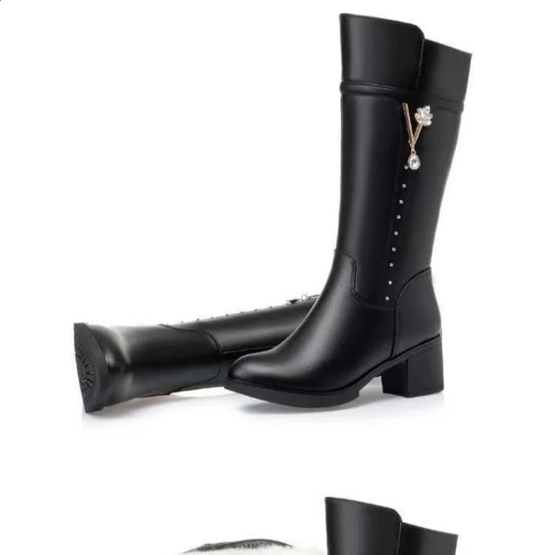 Womens Boots Autumn and Winter Wool Warm Thick Boots Fashion Knee High Boots Leather Round Toe High Boots Womens Boots 240914