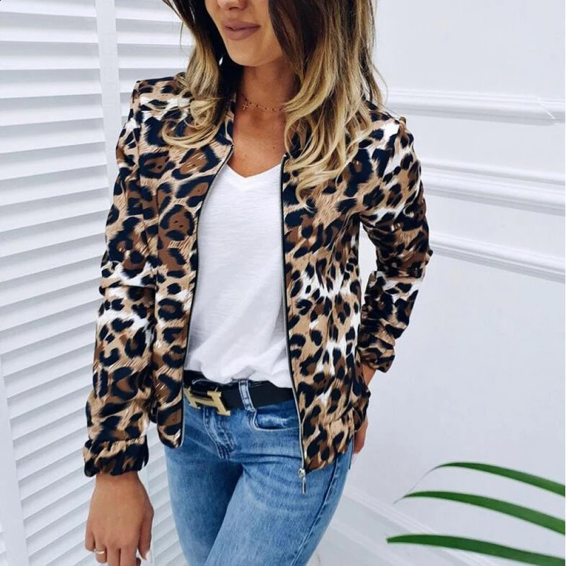 Womens Style Baseball Uniform Fashion Leopard Print Loose Collar Zipper Cardigan Jacket Ladies Sport Jacket Tops Clothes 240914