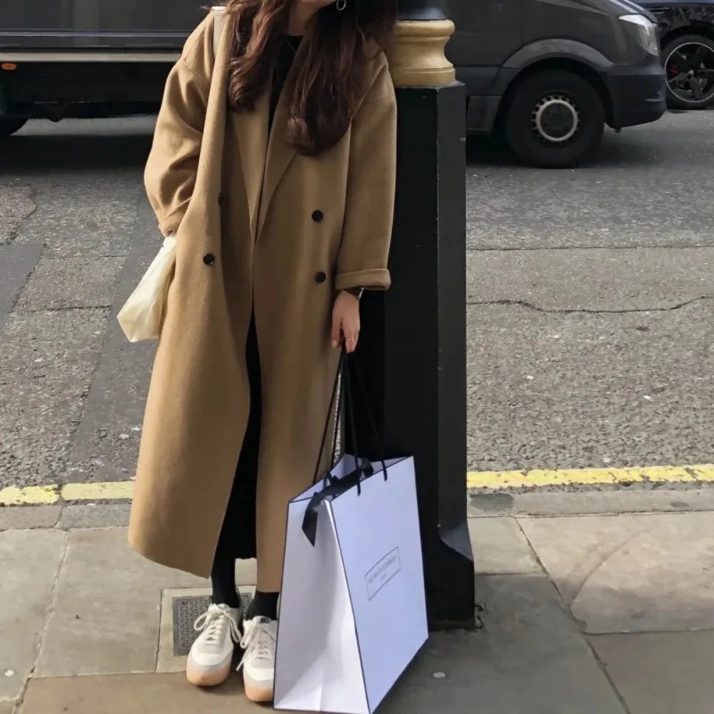 Winter Korean Handmade Double Breasted Long 100% Wool Coat Women Casual Loose Lacing Belt Woolen Overcoat Oversized 240911