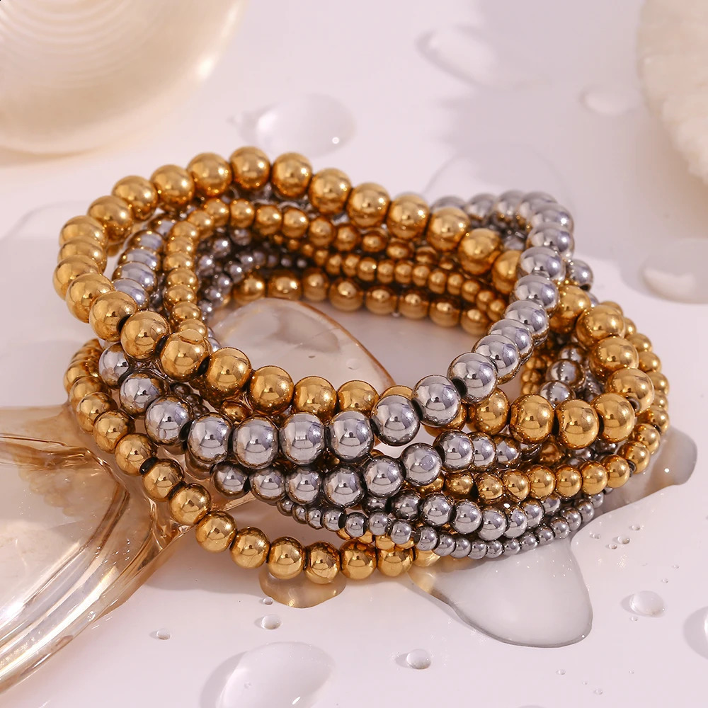 E.B.belle Gold Plated Silver Color Elastic Beads Bracelets Bangles For Woman Waterproof Stainless Steel Beaded Chain Bracelet 240914