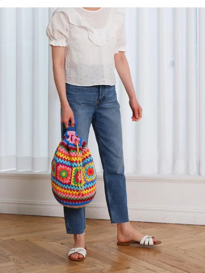 Bohemian crochet bucket shaped womens shoulder bag knitted grandmother square backpack handmade handbag casual travel 240913