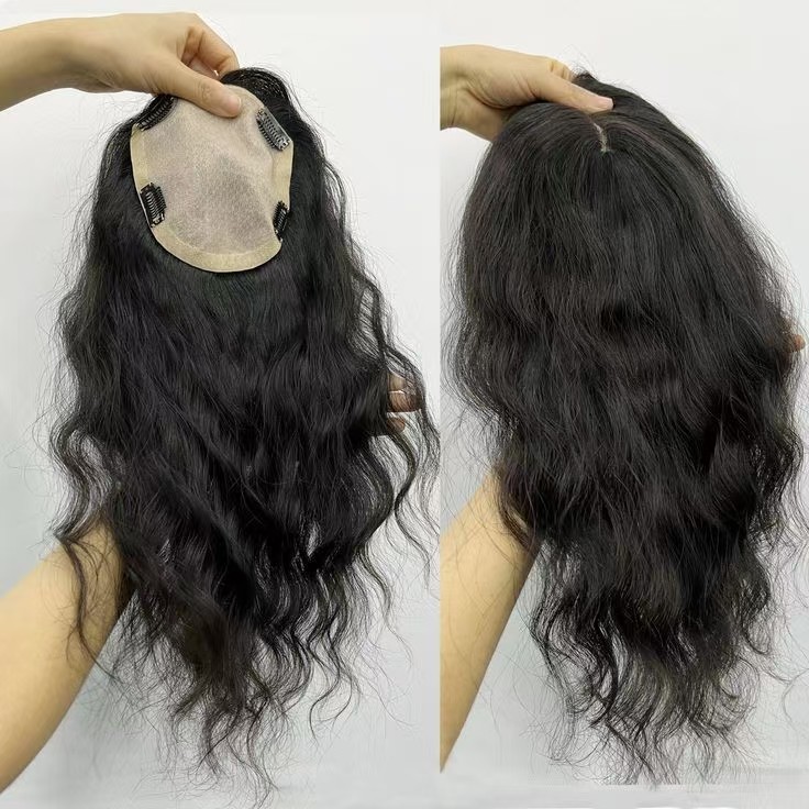 Silk Base Top Hairpiece Virgin Clip in Hair Topper Womens Human Hair Topper for Thinning Hair Natural Black Brown Wavy 18inch