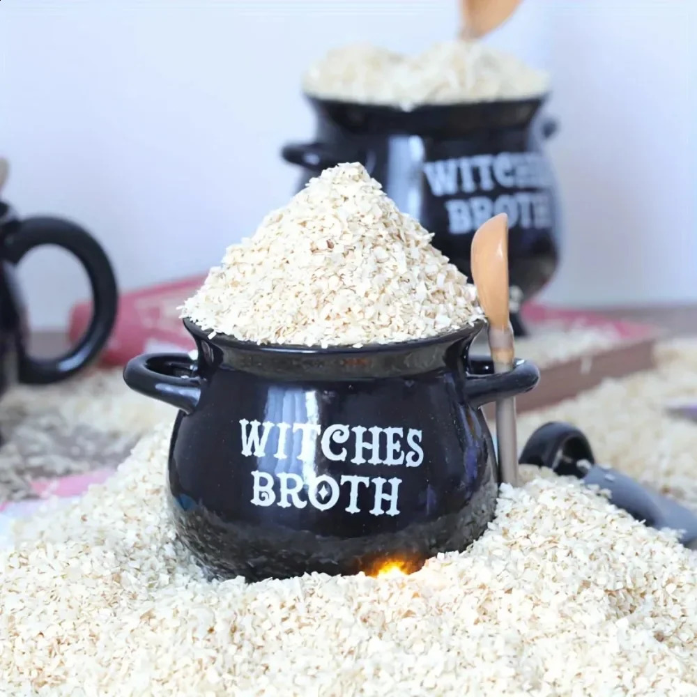 1set 22OZ Witches Brew Cauldron Mug with Lid and Spoon Black Ceramic Coffee Cups Stockpot Tabletop Decoration for Halloween Gift 240910