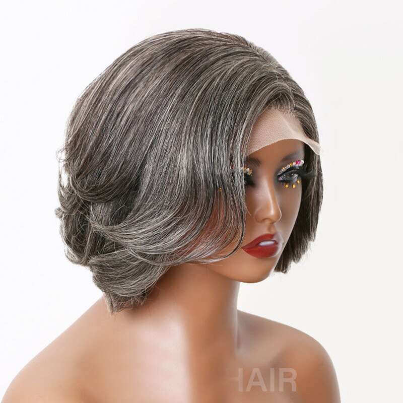 Salt And Peppe Short Bob 5X5 Closure Natural Wave Gray Brazilian Human Hair Lace Front Wig For Black Women