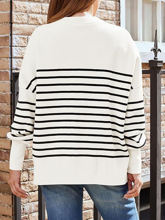 European and American women's round neck batwing long sleeved sweater 2024 new autumn casual knitted side slit pullover