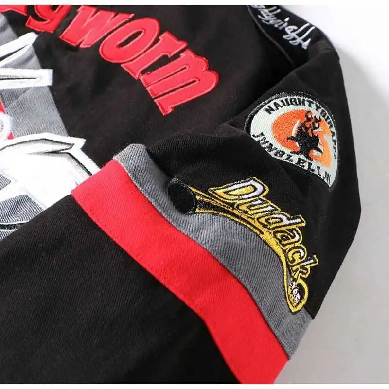 High Street Embroidered Anime Baseball Jacket Men Workwear Loose Motorcycle Jacket Pure Cotton Zipper Long Sleeve Stand Collar 240914